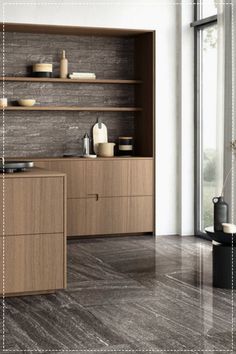 an image of a modern kitchen setting with wood cabinets and marble flooring in grey tones