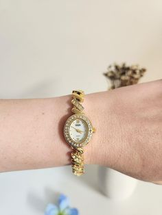 Vintage Gruen Gold Diamante Rhinestone Wristwatch Women's Casual Retro Luxury Gold-Tone Stainless Steel Ladies Classic Quartz Bracelet Watch Needs new battery Gold Crystal Diamond Watch For Formal Occasions, Gold Diamond Watch With Rhinestones, Elegant Gold Watches With Crystal, Gold Watches With Rhinestones, Gold Round Watches With Rhinestones, Gold Round Watch With Rhinestones, Gold Cubic Zirconia Watches For Anniversary, Cubic Zirconia Jewelry With Round Dial For Gifts, Round Dial Cubic Zirconia Jewelry For Anniversary