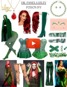 a collage of photos with green and red hair, stockings, boots, and accessories