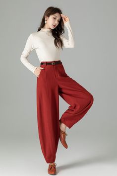 "Vibrant red baggy wide-leg linen pants. These pants seamlessly blend boldness with comfort. The wide-leg silhouette offers a relaxed and flattering fit, while the premium linen fabric ensures both thickness and breathability. Suitable for autumn,and perfect for a variety of occasions. *Details * 50% linen, 50% cotton * Button and zipper front closure * Two side pockets * Wide leg pants * Long linen pants * Casual linen pants * Dry clean * More color: https://etsy.me/3P60vHt CUSTOM MADE SERVICE Red Wide Leg Pants With Pockets For Fall, Red Wide-leg Harem Pants With Pockets, Red Wide Leg Harem Pants With Pockets, Baggy Red Wide-leg Pants, Red Baggy Wide-leg Pants, Red Wide-leg Pants For Fall, Red Baggy Wide Leg Casual Pants, Casual Red Wide Leg Full Length Pants, Casual Red Wide Leg Pants, Full Length