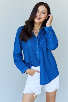 This chambray-denim blend is your go-to for all-day comfort, style, and versatility! Paired with a pointed collar, cuffed sleeves, and classic buttons, you'll look polished and put-together. But don't let that fool you—it's still lightweight and breathable. Plus, it's medium-weight fabric makes it durable, stylish, and keeps it color and shape for seasons to come. With one look, you can transform it from fancy to fun—just pair it with tailored trousers or a skirt for an office-ready look, or jea Denim Button Down Shirt, Chambray Fabric, Denim Button Down, Office Casual, Tailored Trousers, Blue Jean, Denim Top, Denim Shirt, Shirt Top