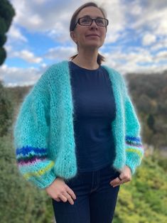 Handmade Cotswolds Hand Knitted Soft Mohair Cardigan in Aqua - Etsy UK Pull Mohair, Fluffy Cardigan, Blue Cardigan, Balloon Sleeves, Jumpers And Cardigans, Long Sleeve Casual, Matilda