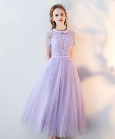 Purple Tulle Bridesmaid Dress, Fitted Purple Dress With Tulle Skirt, Purple Short Sleeve Wedding Dress, Fitted Tulle Dress With Short Sleeves, Purple Knee-length Prom Dress, Short Sleeve Tulle Dress For Banquets, Tea Length Tulle Skirt Dress, Fitted Tulle Skirt Tea-length Dress, Short Sleeve Tulle Bridesmaid Dresses