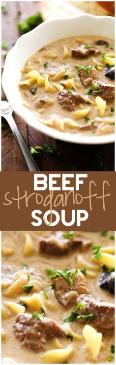 beef and potato soup in a white bowl on a wooden table with text overlay