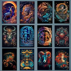 twelve zodiac signs in different colors and sizes, all with the same design on them