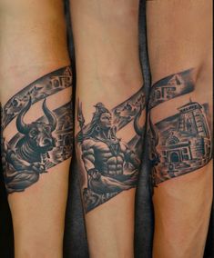 two men's legs with tattoos on them, one has an elephant and the other is