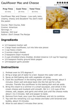 the recipe for cauliflower macaroni and cheese is shown on this page