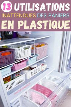 the inside of a refrigerator with baskets and bins on it's shelves in french