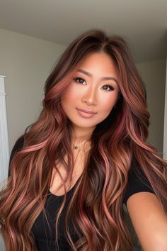 Dark To Light Hair Color Ideas, Brown Hair With Light Red Highlights, Cherry Chestnut Hair, Pink Dark Brown Hair, Red Rose Gold Hair, Colored Highlights On Brown Hair, Red Hair W Highlights, Light Brown Hair With Burgundy Highlights