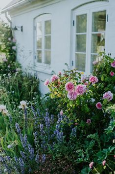 a white house surrounded by flowers and greenery