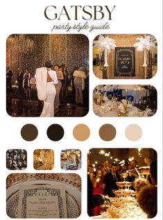 the cover of gatsby party style guide, with images of people and decorations