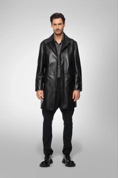 Men's Casual Leather Coat In Black Elevate your everyday style with our men's casual leather coat. Crafted from premium sheepskin with a semi-aniline finish, this coat offers a luxurious feel and superior durability. It features a classic turn-down collar, open hem cuffs, and a smooth zipper closure for a refined look. Equipped with two inside pockets and two side pockets, it combines functionality with timeless design, perfect for any occasion. Outer Shell: Genuine Leather Leather Type: Sheepskin Leather Finish: Semi-aniline Closure Style: Zipper Collar Style: Turn Down Cuffs Style: Open Hem Inside Pockets: Two Outside Pockets: Two Side Pocket Color: Black Masculine Leather Jacket, Sleek Long Leather Coat, Modern Leather Jacket For Business Casual, Masculine Leather Jacket For Formal Winter Occasions, Masculine Winter Leather Jacket For Formal Occasions, Luxury Leather Jacket For Business Casual Winter, Formal Winter Leather Jacket, Luxury Leather Outerwear For Business Casual, Winter Leather Outerwear For Business Casual