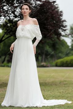 Simple yet chic, this light ivory long Spring A-line wedding dress features off-the-shoulder bodice with illusion long sleeves and beaded appliques embellished neckline and back, flowing chiffon skirt. This is perfect for a beach wedding. #weddingdress #bridaldress #designerweddingdress #springweddingdress #fallweddingdress #autumnweddingdress #winterweddingdress #summerweddingdress #bohoweddingdress #beachweddingdress #destinationweddingdress Chiffon Beach Wedding Dress, Chiffon Wedding Dress Beach, Empire Waist Wedding Dress, Spring Wedding Dress, Destination Wedding Dress, Embellished Neckline, Designer Bridal Gowns, Light Ivory, A Line Wedding Dress