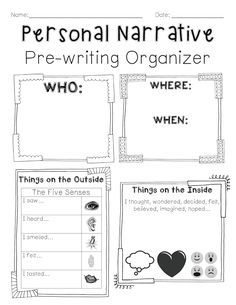 the personal narrative pre - writing organizer is shown in black and white with text