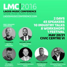 an event poster for the labor music conference with four men in black and white on green background