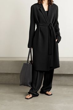 Black Harri belted cady coat | THE ROW | NET-A-PORTER The Row Outfits, Mary Kate Olsen, Ashley Olsen, Blazer Designs, Luxury Women Fashion, Stylish Outfit, Elizabeth Olsen, Fall Shopping, Luxury Brands