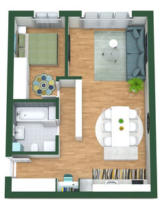 A green and teal 3D floor plan of a one bedroom apartment with a narrow open concept. Teal Floor, Bedroom Floor Plan, Bedroom Floor Plans, Bedroom Floor, Bedroom Flooring