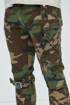 Available In Camouflage. Stacked Skinny Flared Fit Zip Fly Button Closure 5 Pocket Detail Straps Detail 85% Cotton, 13% Polyester, 2% Spandex Imported | Mens With The Straps Camo Stacked Skinny Flare Pants in Camouflage size 38 by Fashion Nova High Waist Camouflage Military Bottoms, Fitted Camouflage Military Pants, Military Camouflage Bottoms With Belt Loops, Camouflage Utility Pants With Belt Loops, Military Style Camouflage Cargo Pants, Camouflage Fashion, Search By Photo, Jean Top, Pocket Detail