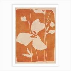 an orange and white print with flowers on it's side, framed in a white frame