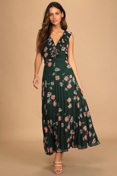 Green Floral Print Dress, Winter Wedding Guest Dress, Floral Chiffon Maxi Dress, Guest Attire, Pleated Chiffon, Pleated Maxi Skirt, Another Love, Green Floral Print, Green Floral Dress