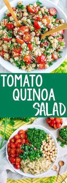 tomato quinoa salad in a white bowl on top of a yellow and green table cloth