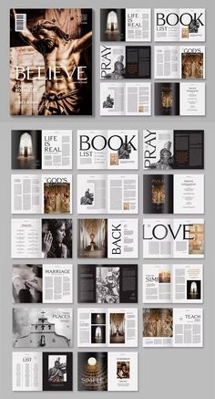 an assortment of magazine pages with different images and text on the front, in black and white