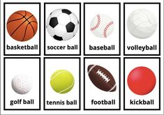 four different types of sports balls are shown in this image, with the names below them