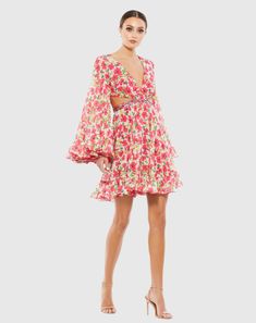 Floral Cut Out V Neck Bell Sleeve Mini Dress Cute Hoco Dresses, Bell Sleeve Mini Dress, Junior Party Dresses, Mode Rose, Emerald Bridesmaid Dresses, Long Bell Sleeves, Floral Cocktail Dress, Belle Dress, Unique Prom Dresses