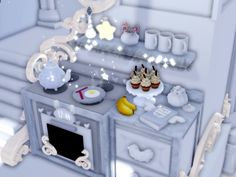 an animated kitchen with cupcakes and cakes on the counter