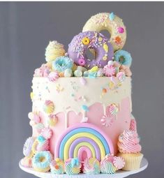 there is a cake decorated with pastel colors and decorations