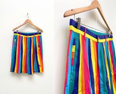 "Vintage 90s Funky Shorts Striped Shorts W30 Circus Shorts Womens Festival Shorts Groovy Shorts Patterned Shorts Striped Funky Shorts W30 D E S C R I P T I O N: 🤍 lightweight 🤍 side pockets 🤍 flat 🤍 funky  🤍 zipper and 1 button closure Brand: not labeled Suggested size: not labeled, look's like W30 🧵 M E A S U R E M E N T S 🤍Measurements - taken from seam to seam while the garment is lying flat. Please, DOUBLE waist and thigh width!🤍 Waist: 15.35\"/ 39 cm Thigh width: 13.4\" / 34 cm (cro Retro Knee-length Shorts For Summer, Retro High Waist Multicolor Shorts, Vintage Multicolor Bottoms With Pockets, Vintage Multicolor Short Bottoms, Vintage Multicolor Short Length Bottoms, Vintage Multicolor Shorts For Summer, 90s Style Multicolor Spring Bottoms, Vintage Multicolor Summer Pants, 1970s High Waist Summer Bottoms