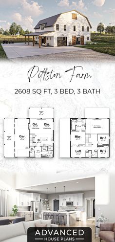 the floor plan for this modern farmhouse house is shown in three different colors and sizes