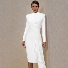 Elegant White Long Sleeve Knee-Length Bandage Dress - Formal Fitted Dress for Women Draped Clothing, Birthday Attire, Side Drape Dress, Midi Bandage Dress, Making Dresses, Long Sleeve Bandage Dress, White Bandage Dress, Camouflage Outfits, Bandage Midi Dress