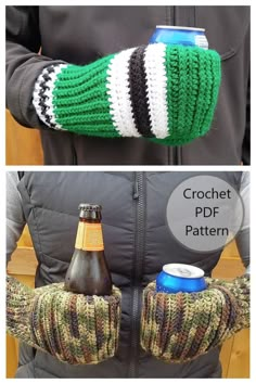 two pictures show the same person holding a beer in their hands, and one shows how to crochet