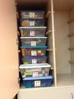 several plastic containers are stacked on top of each other in a closet with shelves and drawers