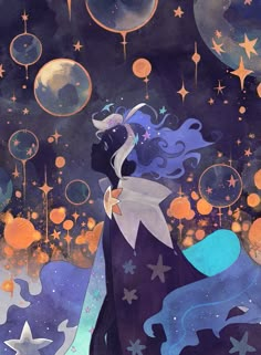 a painting of a woman standing in front of stars and moon filled sky, with her hair blowing in the wind