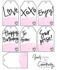 valentine's day tags with the words love, xoxo, happy birthday to our