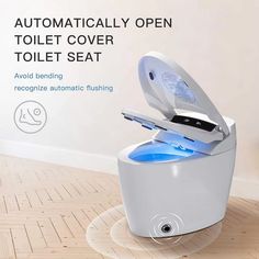 an automatic toilet cover is shown with the lid open