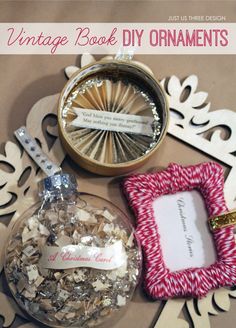 an ornament and some other items on a table with the words vintage book diy ornaments