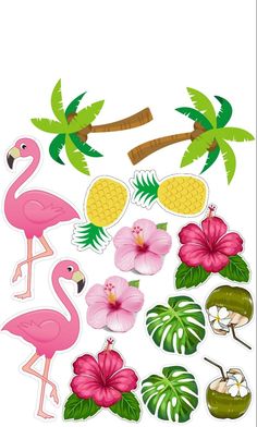 the pink flamingos are surrounded by tropical leaves and flowers