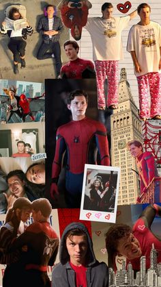 the collage shows many different people in pajamas and t - shirts, including one with a spiderman on his chest