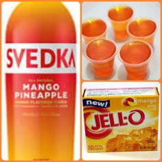 there are many different types of drinks in the bottle and on the table, including jello