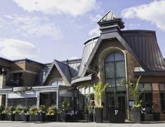 the building has many potted plants in front of it