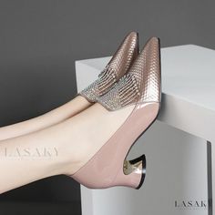 Lasaky - Sleek Pointed-Toe High Heels with Chic Slip-On Design for Casual and Workwear Fashion Apricot Heels, Chunky Heels Casual, Elegant Pumps, Rough Heels, Chunky Heel Shoes, Pattern Shoes, Chunky Heel Pumps, Spool Heel, Strap Sandals Women