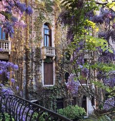 an old building covered in purple flowers and vines