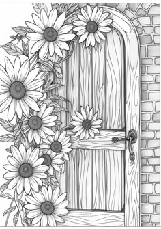 an open door with sunflowers on the outside and brick wall in the background