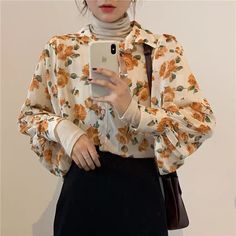 Harajuku Street Fashion, Office Shirts, Female Office, Harajuku Street, The Office Shirts, Puff Sleeve Blouse, Chiffon Shirt, Blouse Shirt, Floral Chiffon