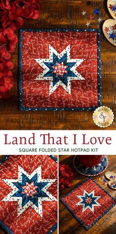 a red white and blue quilt with the words land that i love on it