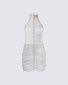 Deck yourself out in pearls like the queen you are with this pearl chain mini dress 🤍 Complete with a halter style, and adjustable chains on the back neck and 3 adjustable chains on each side of the body - this look will have you looking rich and royal 👑 Glamorous Gold Halter Dress For Party, Glamorous Pearl-embellished Mini Dress For Party, Summer Party Backless Body Chain, Beaded Straps Backless Mini Dress For Night Out, Party Backless Mini Dress With Chain Strap, Gold Sleeveless Dress With Chain Strap, Gold Backless Body Chain, Elegant Backless Body Chain For Party, Glamorous Fitted Body Chain For Evening