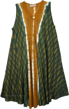 Long Beach Cover up with an Exotic Nature Print This is a stylish long dress with an exotic and fun fall flare. Its background colors are composed of green and gold, while its leafy and nature prints summon images of autumn festivals and harvest. It has a beautiful neck line, perfectly symmetric design, and flowy hemline. Its free flowing construction means it can work as a great cover up at the beach and pool, or as an easy fashion statement when you need something elegant and stylish in a hurr Green Sleeveless Dress For Fall, Festive Green Flowy Dress, Flowy Green Maxi Dress For Fall, Green Flowy Maxi Dress For Fall, Casual Gold Dress For Fall, Green Fall Vacation Dress, Green Vacation Dress For Fall, Green Dress For Fall Vacation, Green Vacation Dresses For Fall